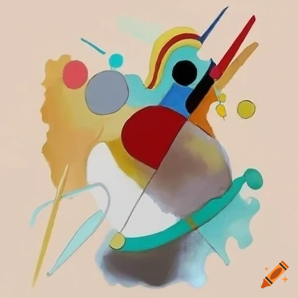 Abstract Kandinsky-style painting with gestural strokes in shades of gray, white, green, blue, red, and beige