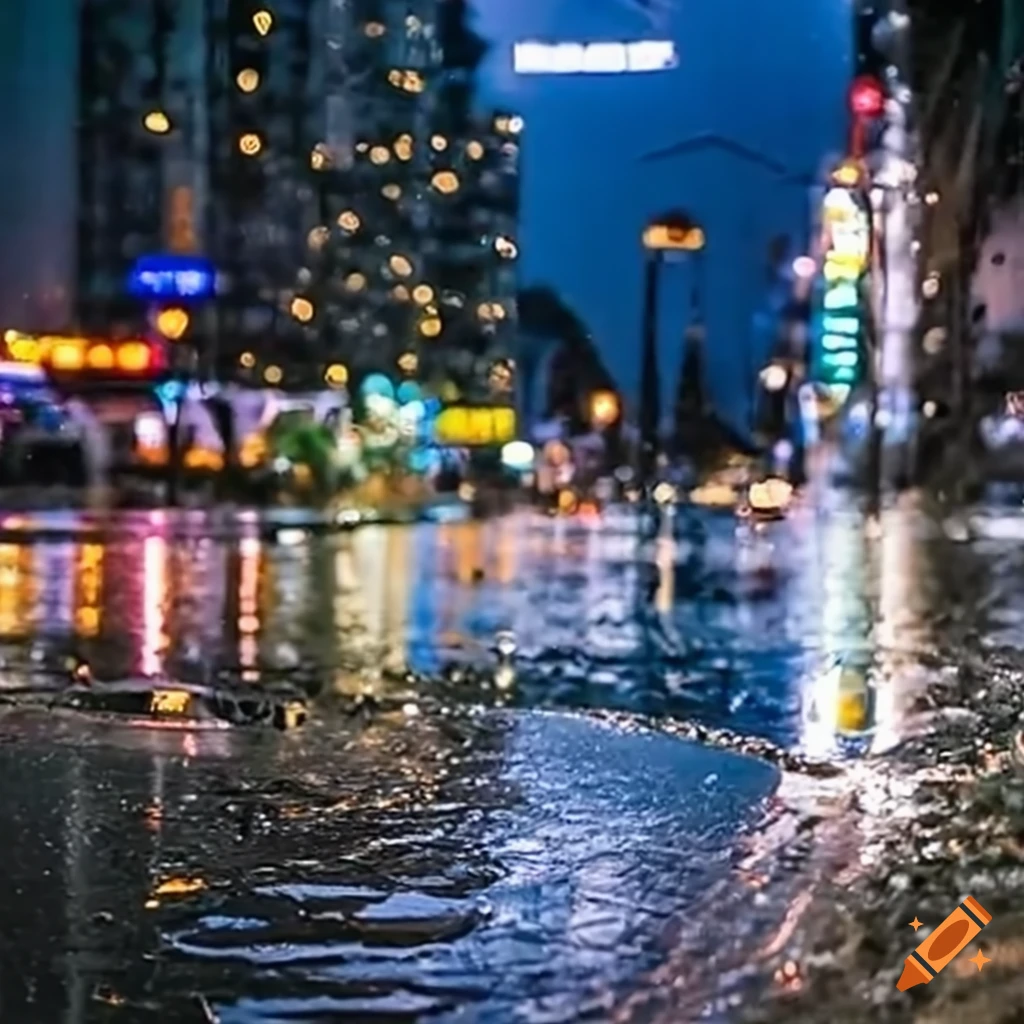 Neon lights reflecting in puddles on a rainy night on Craiyon