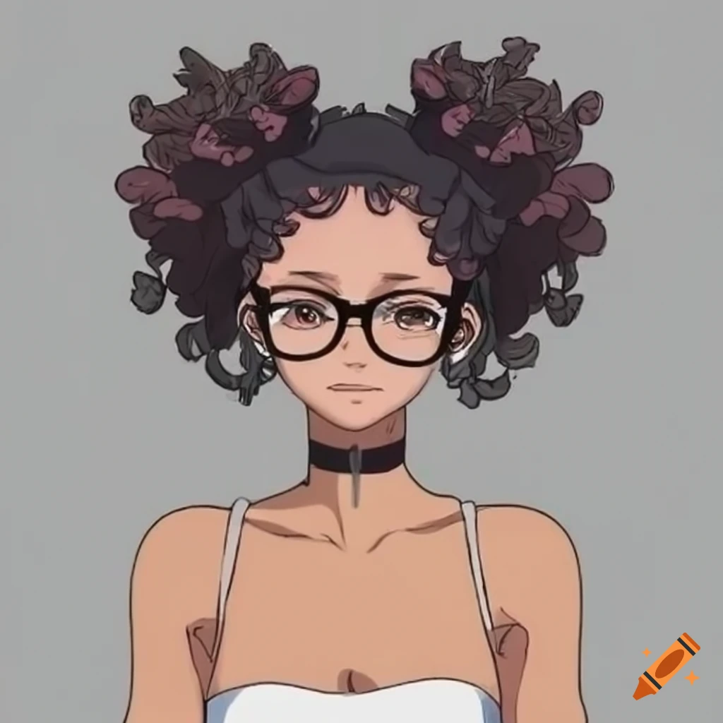 Female anime character with curly hair and glasses