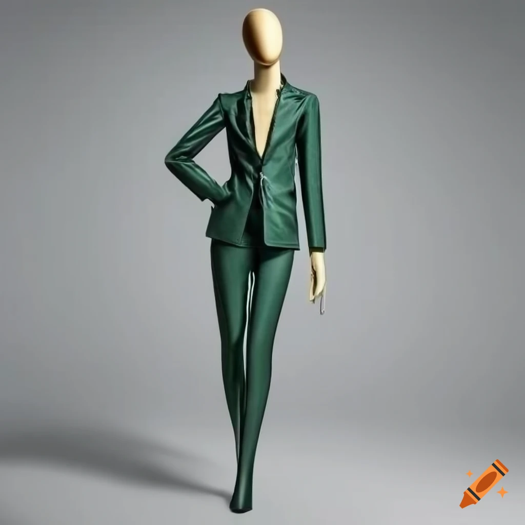 Woman mannequin in a dark green suit and cream-colored shirt with red hair and buff leather heels