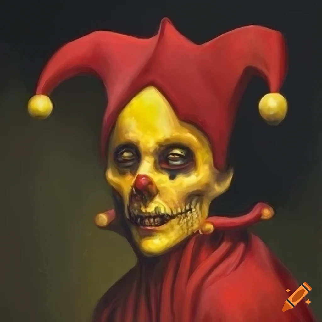 Eerie jester in red and yellow with a jester's cap in front of a dark background