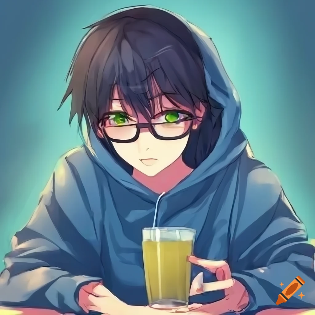 Anime guy with black hair, green eyes, glasses, and indigo hoodie drinking a drink