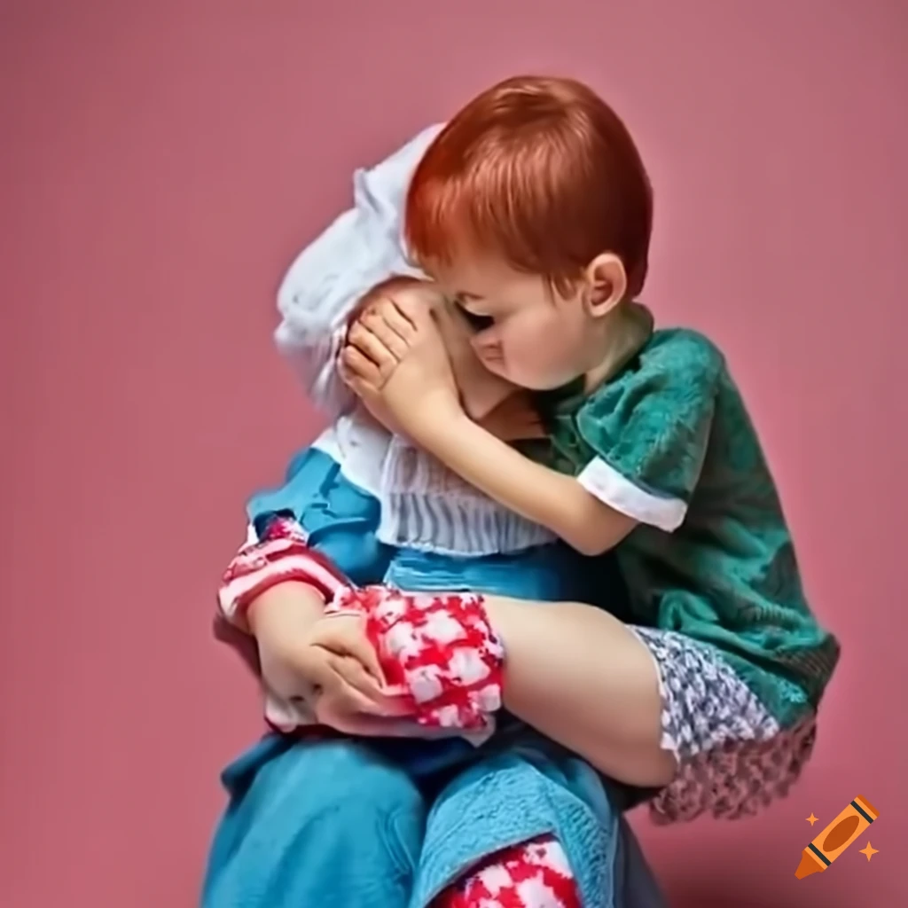 Raggedy Ann comforting a shy boy in a colorful daycare setting