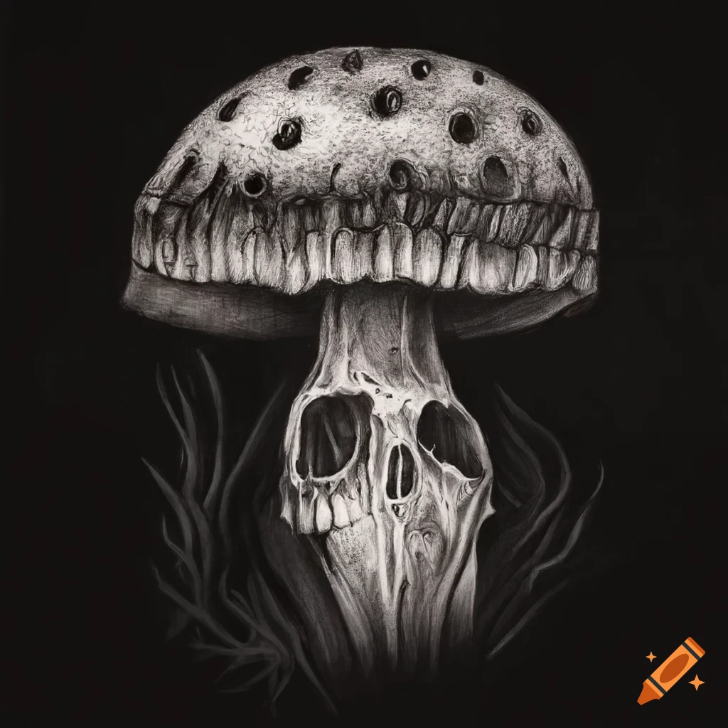 Highly detailed skull-shaped mushroom charcoal drawing in Gothic style