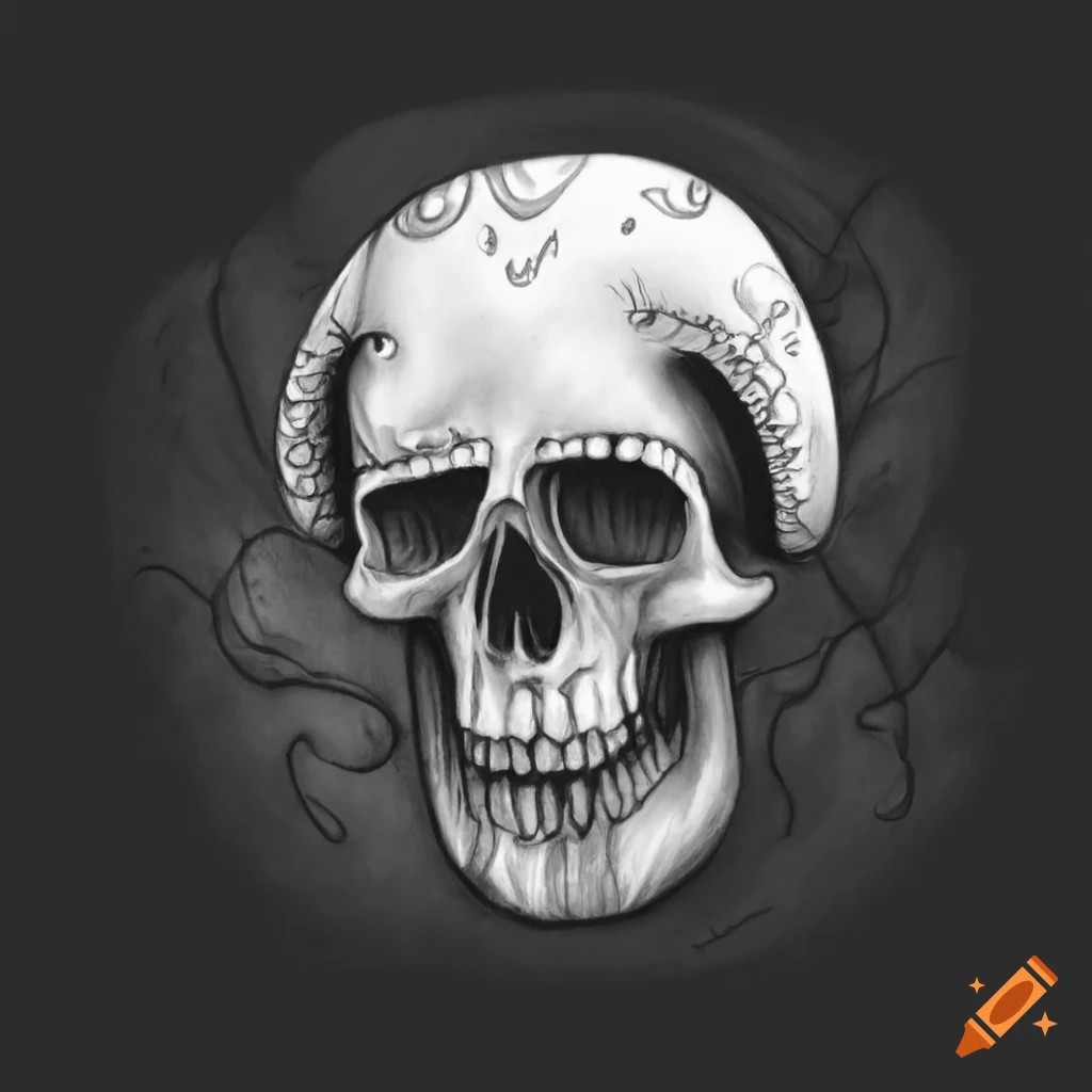 Skull-shaped mushroom in cartoon Gothic style charcoal drawing