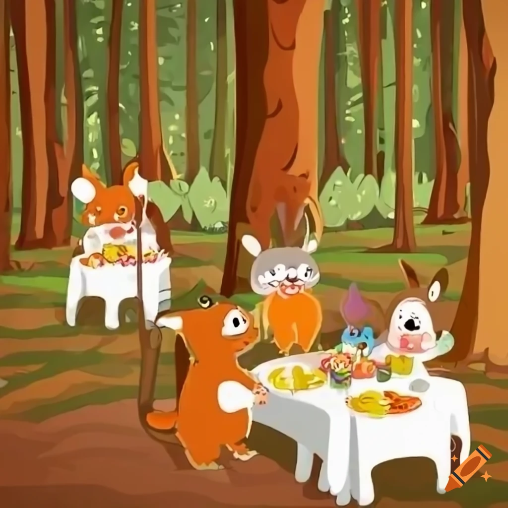 Birthday dinner hosted by cartoon forest animals in a magical woodland setting