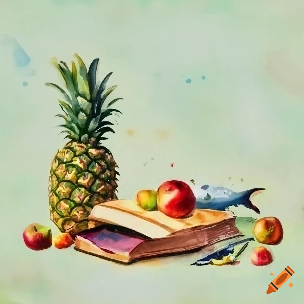 Open Bible with religious symbols in a picnic scene with fruits, fish, and bread