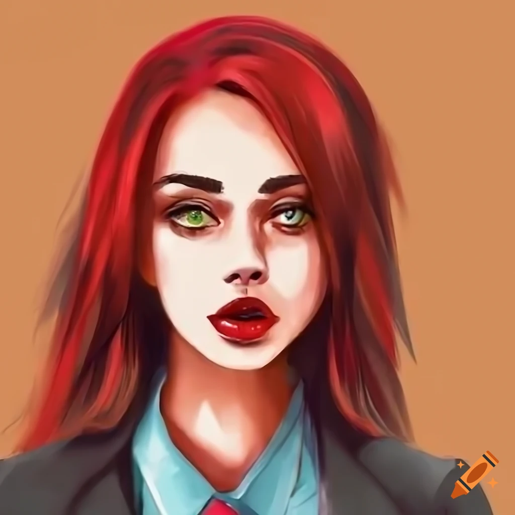 Woman with green eyes, red hair, and black dress in student attire