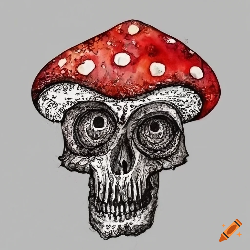 Skull-shaped mushroom emblem in cartoon Gothic style