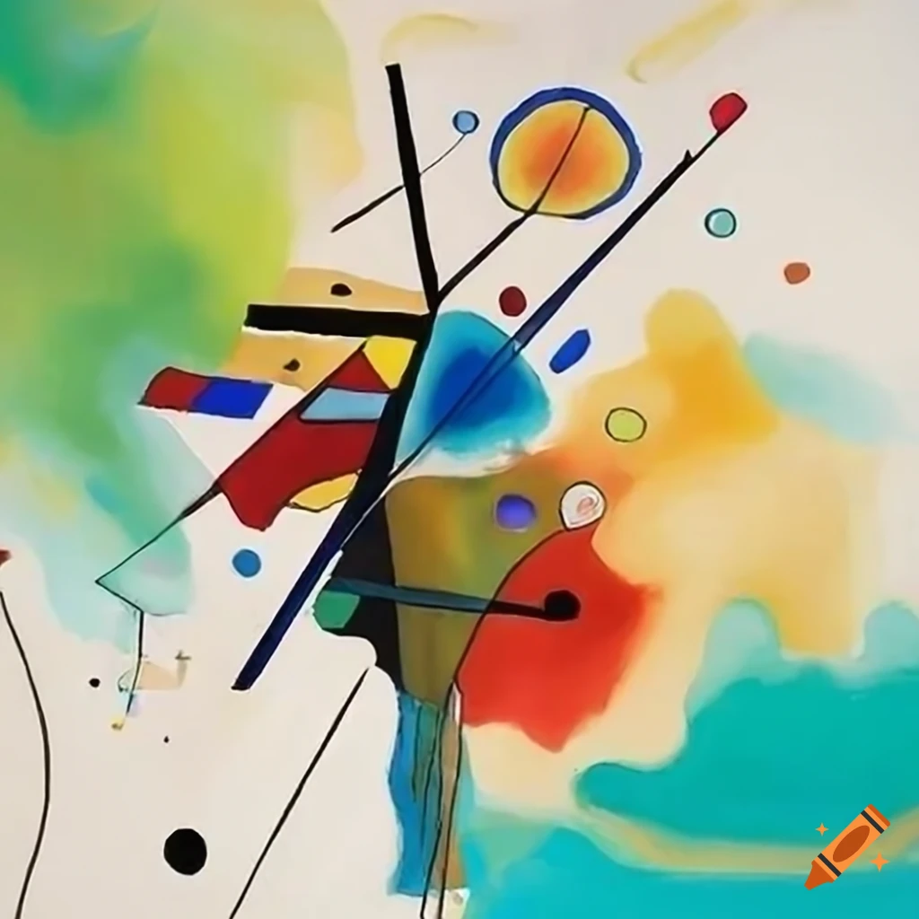 Abstract art inspired by Kandinsky with gestural brushstrokes in shades of gray, white, green, blue, red, and beige