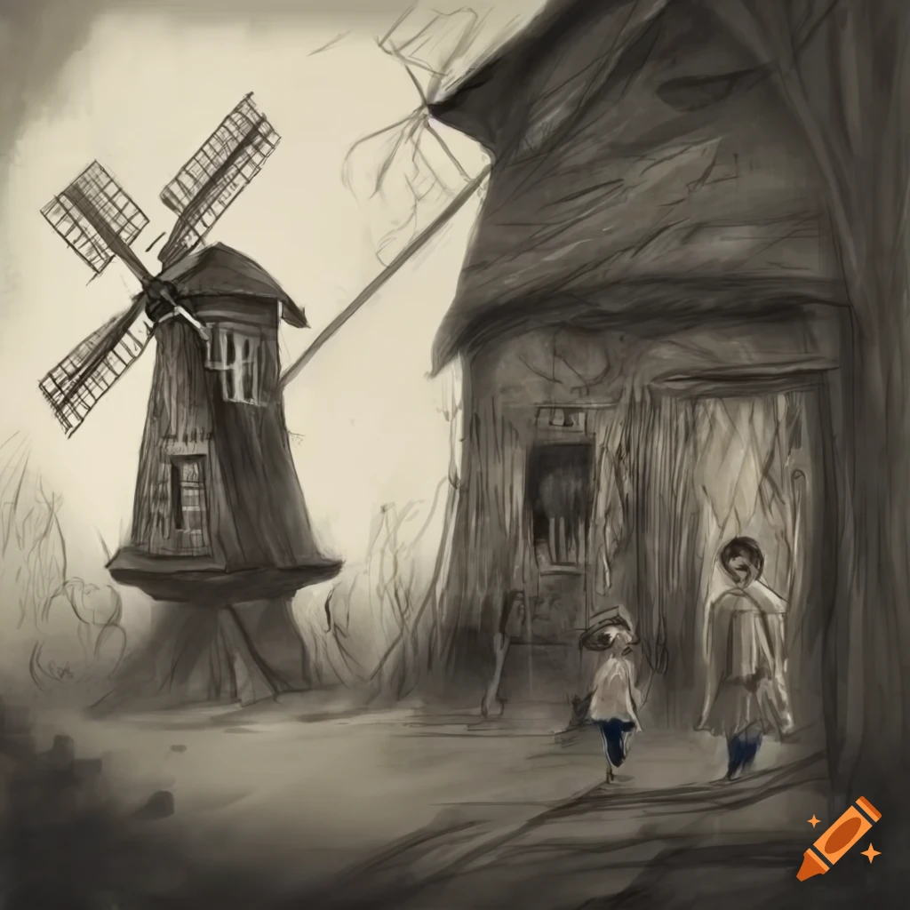 Children and woman near mysterious old windmill with lurking man