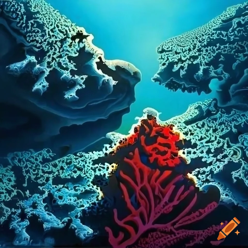 Abstract coral reef graffiti art inspired by Yves Tanguy and Lawren Harris