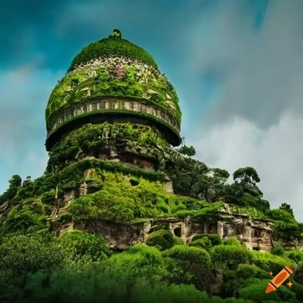Moss-covered airship over a Mayan-style garden complex built into a cliff side