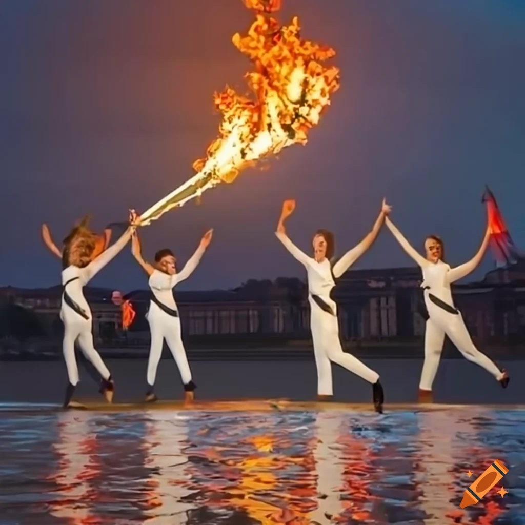 Four people carrying the Olympic flame