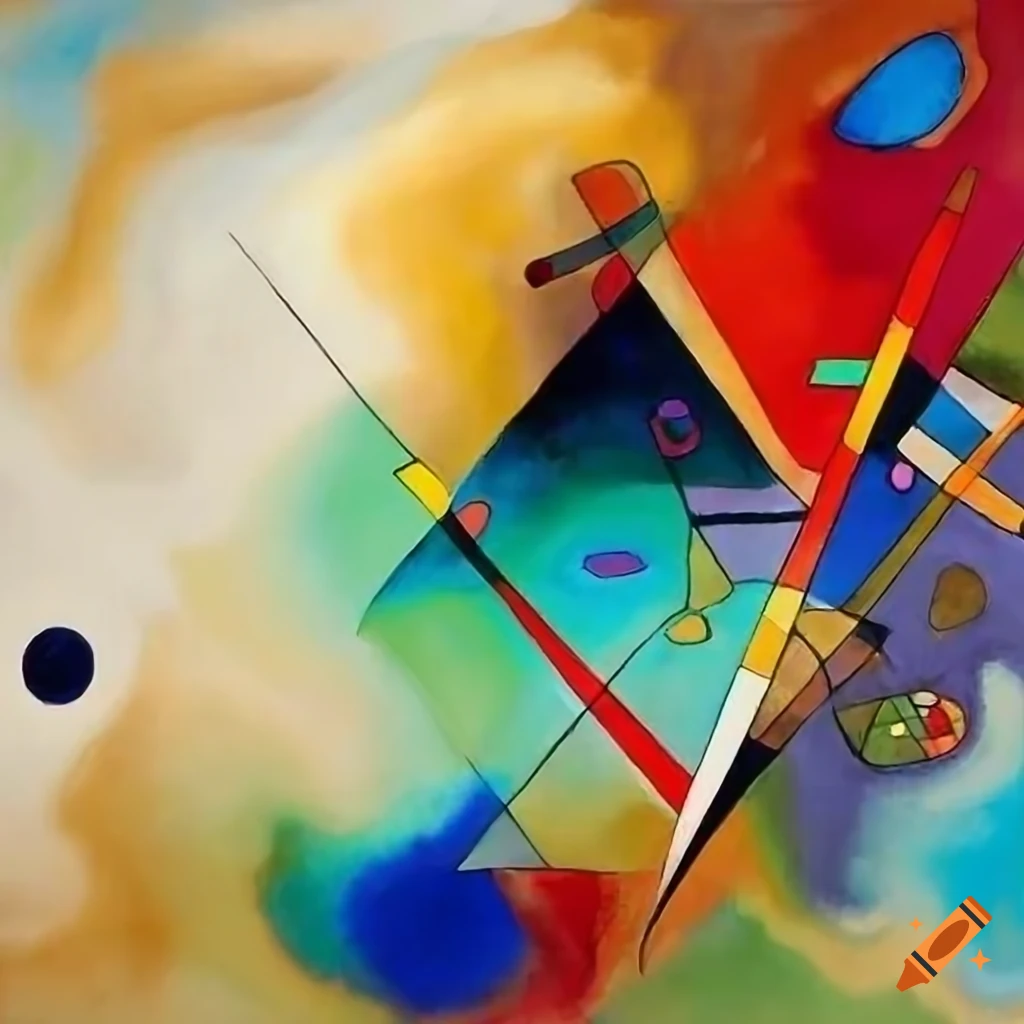 Abstract Kandinsky-style painting with natural gestures in shades of gray, white, green, blue, red, beige, and black grid lattice
