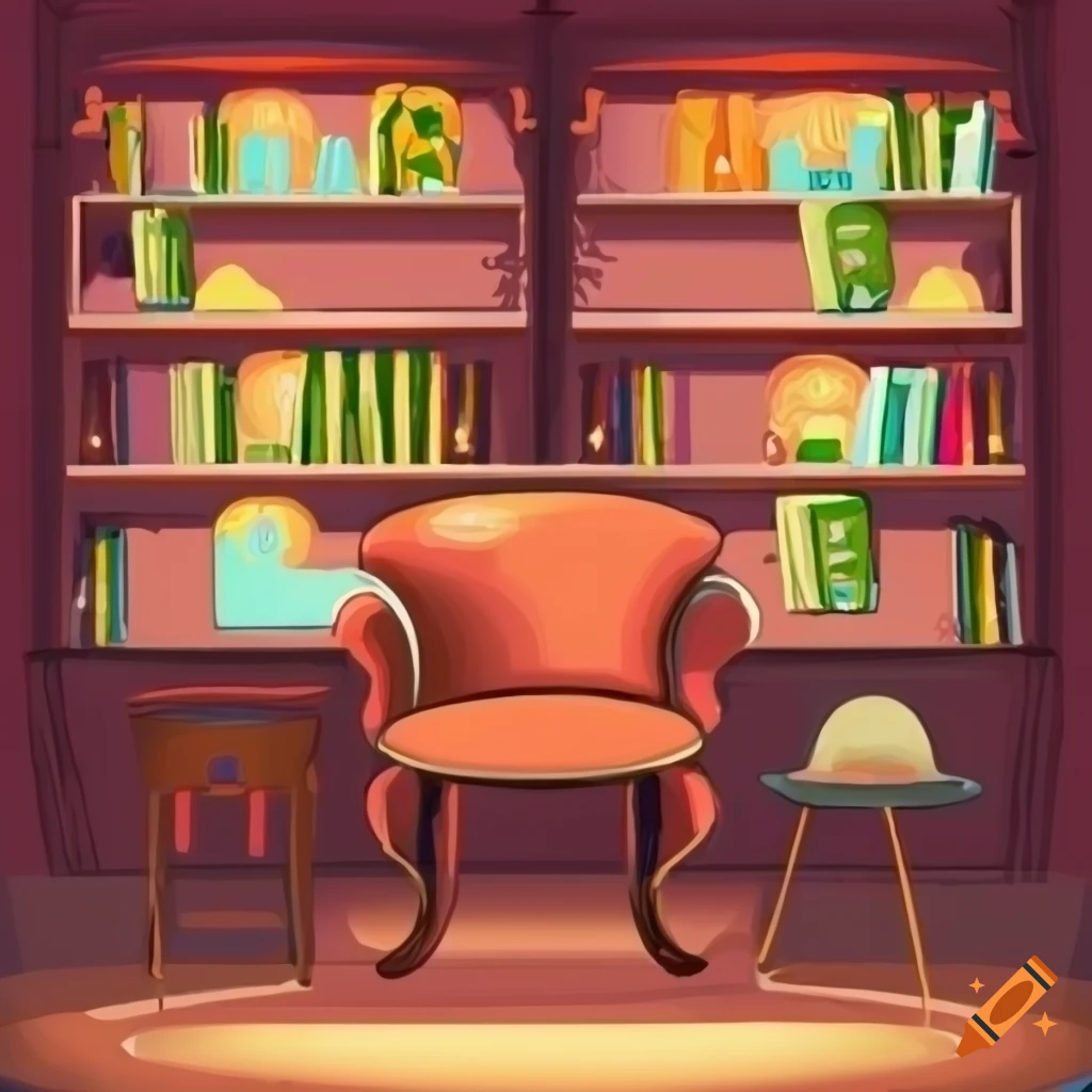 Room with bed, bookshelf, table, and chair in clip art style