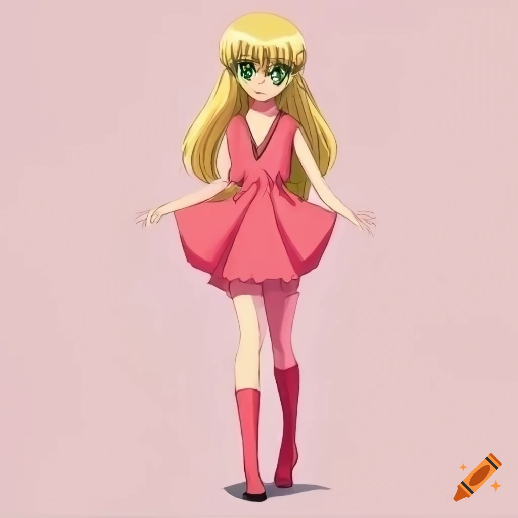 Blonde girl with green eyes in pink clothes - 1960's anime character