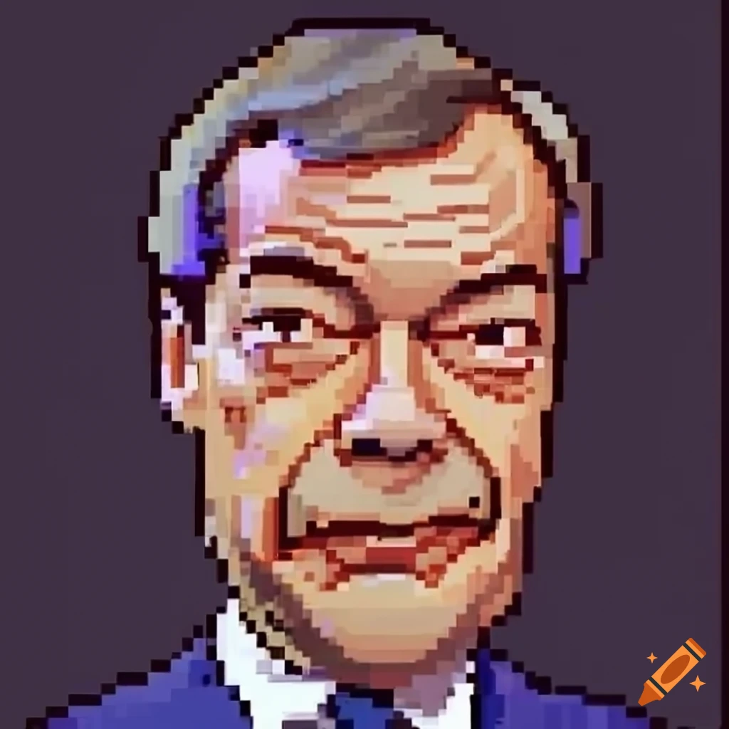Pixelated caricature of Nigel Farage in retro 1990s videogame