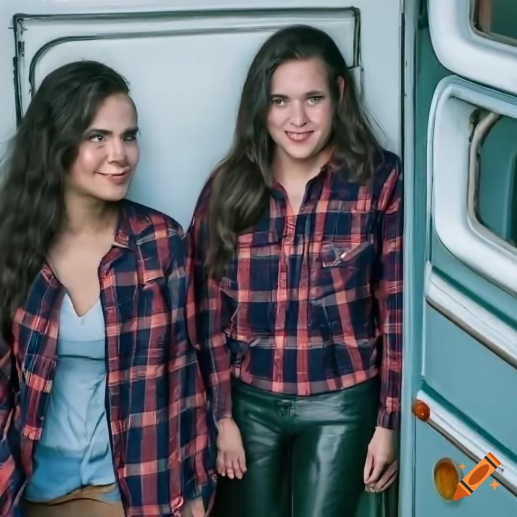 Irimia twins singers in country style clothing standing in caravan doorway