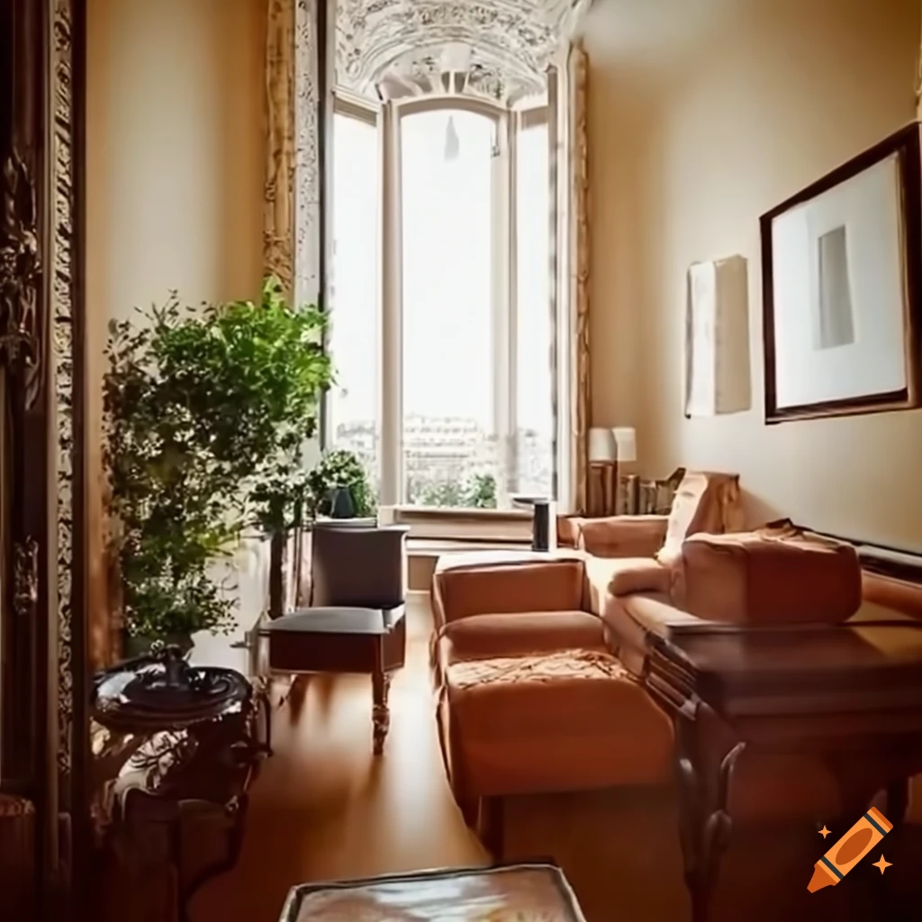 Appartement haussmannien in Paris with a view of the Eiffel Tower and family playing in the living room