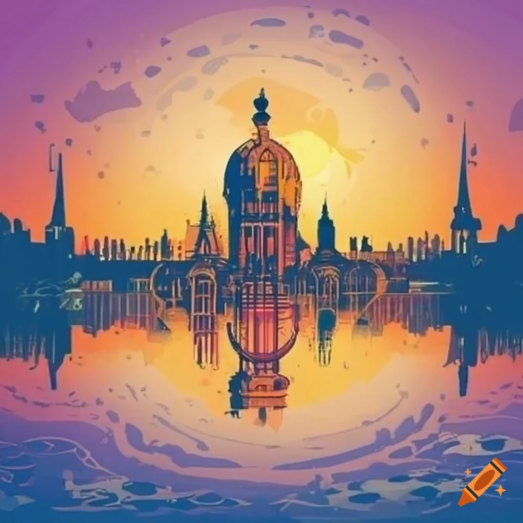 Bustling steampunk city by a calm lake on Craiyon