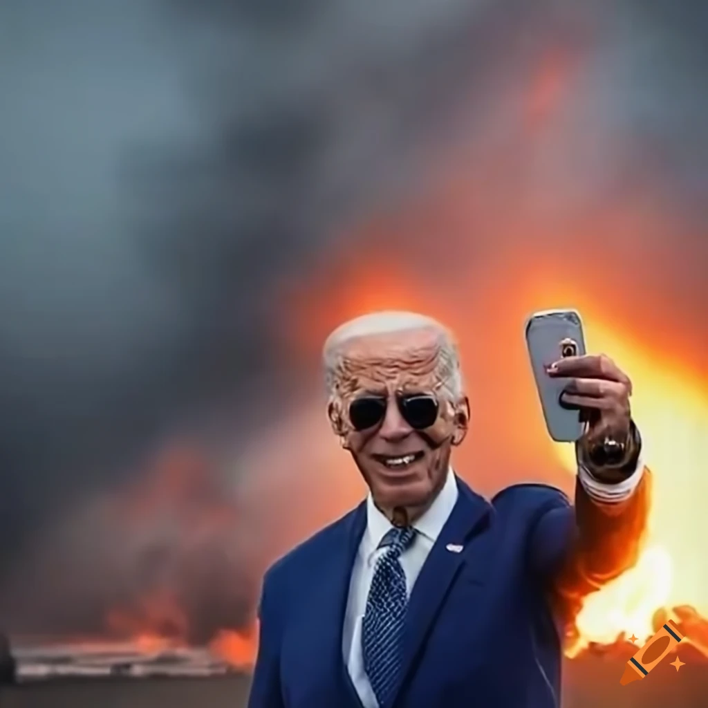 Joe Biden taking a selfie in front of a fighter plane on fire amidst intense explosions