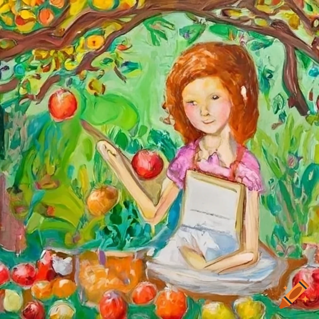 Magical female gardener with ginger hair in a fruit garden