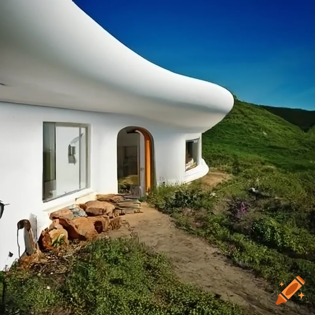 Unique hand-built white earthship house partially submerged in a hill with rainwater collection