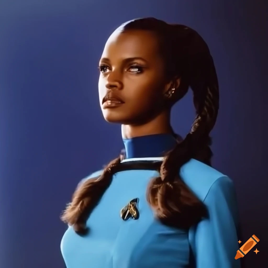 Woman with blue hair in Starfleet nurse uniform