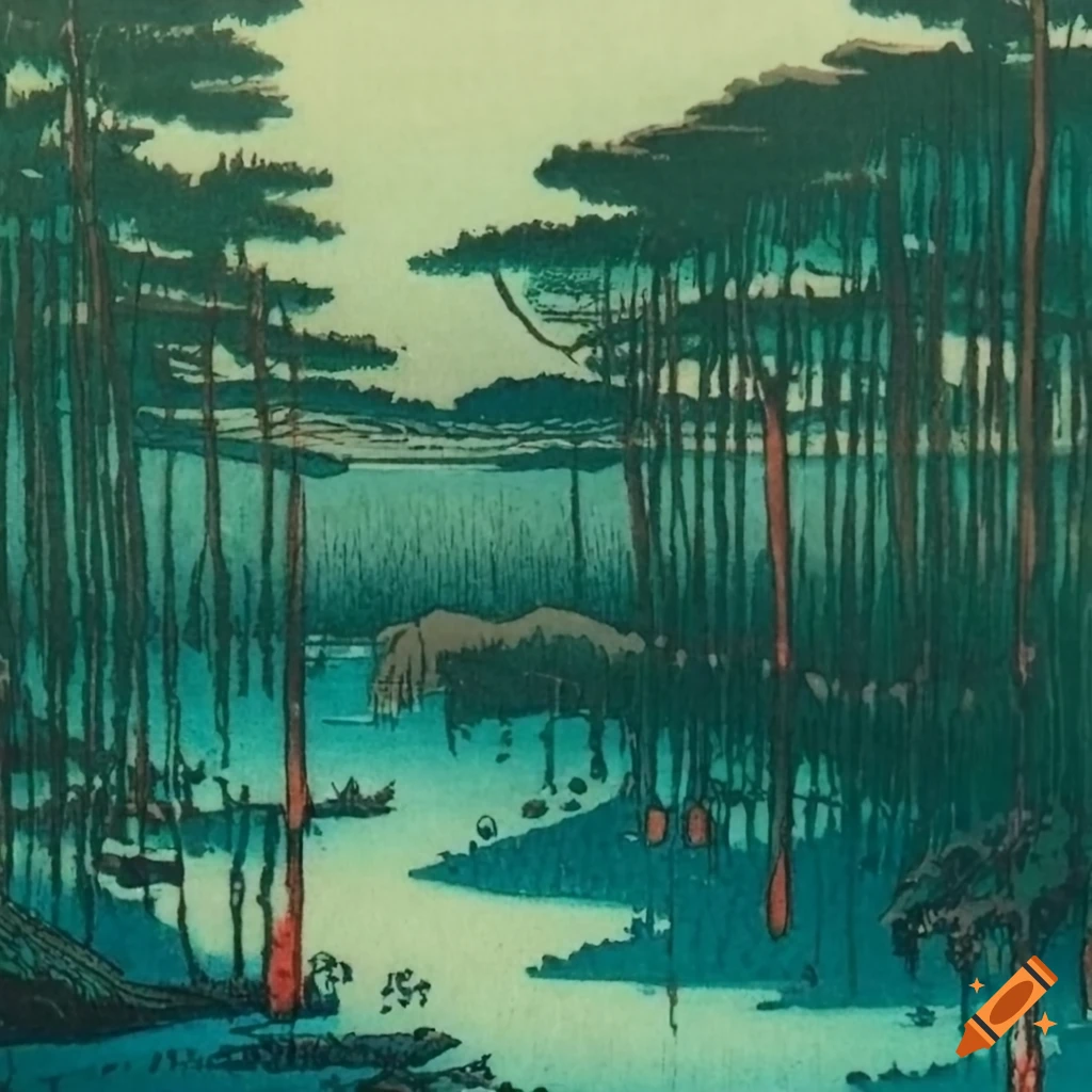 Japanese swamp with light and dark green colors inspired by woodblock art