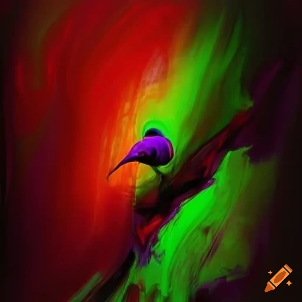 Abstract painting with red, green, and purple colors
