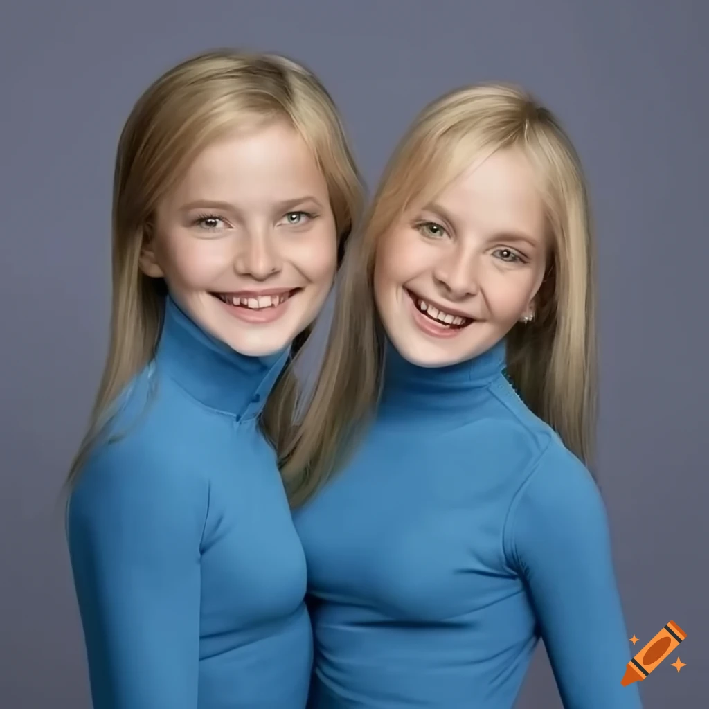 Two blonde twin girls smiling in elegant moonblue turtlenecks on Craiyon