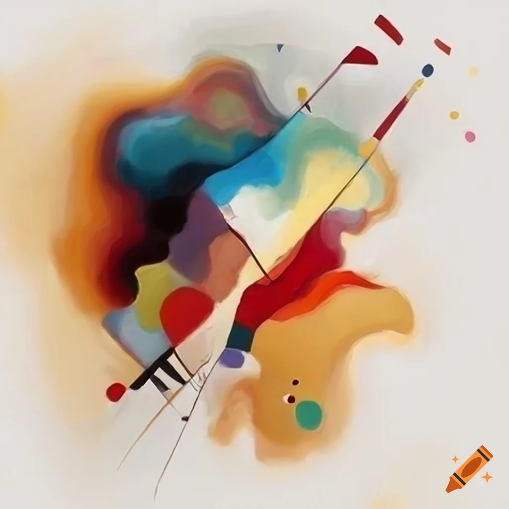 Abstract Kandinsky style oil painting with gestural strokes in gray, white, green, red, beige tones