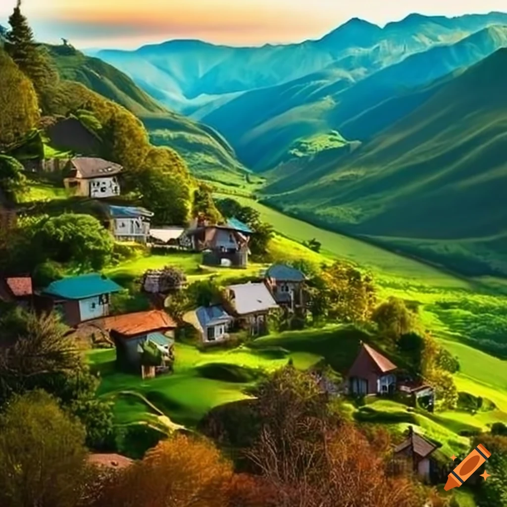 Quaint town nestled in rolling hills on Craiyon