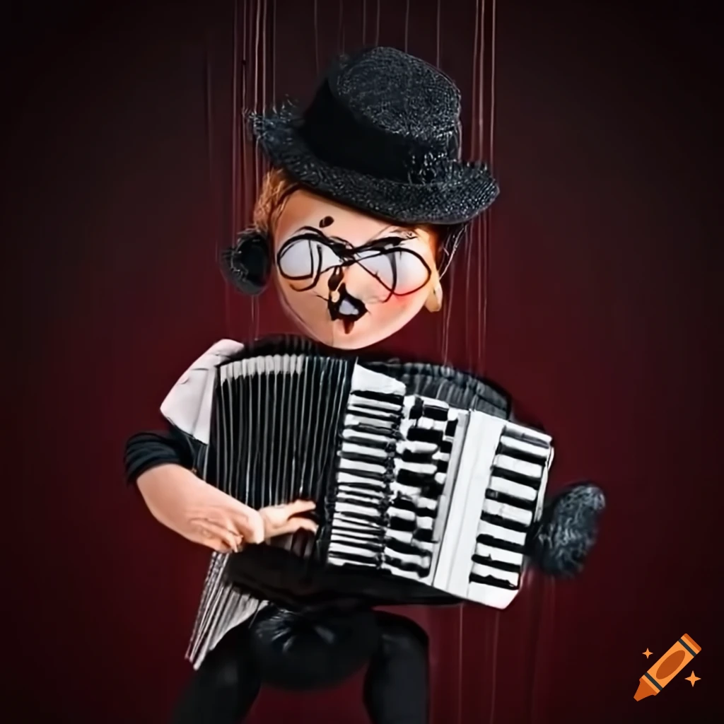 Marionette playing accordion in formal attire and bowler hat