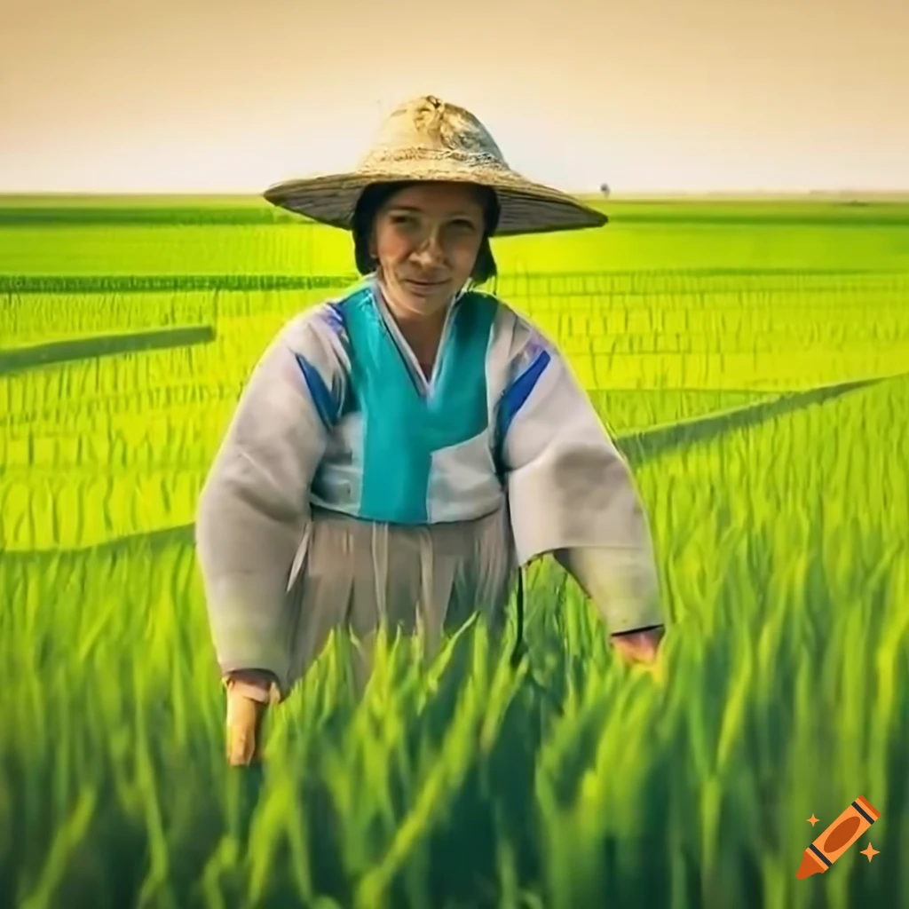 Korean Rural Man Female rural farmer in traditional Korean attire working in rice paddy ...