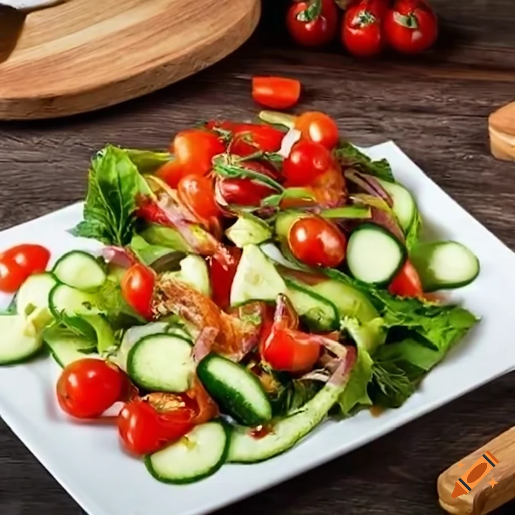 Ensalada de Héroe with fresh green leaves, red cherry tomatoes, and crunchy cucumber slices