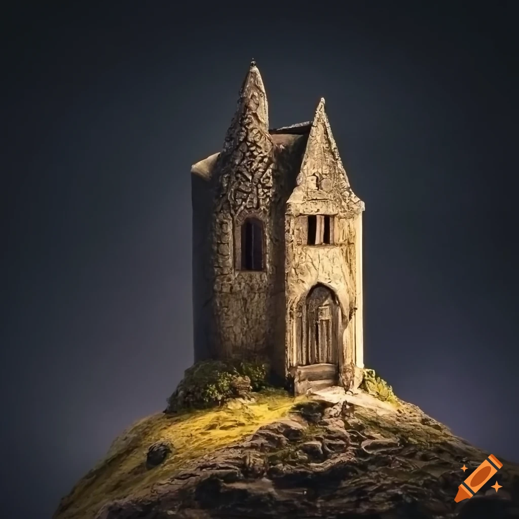 Gatehouse with flanking towers attached to a larger knight's tower house on a rocky hill at midnight