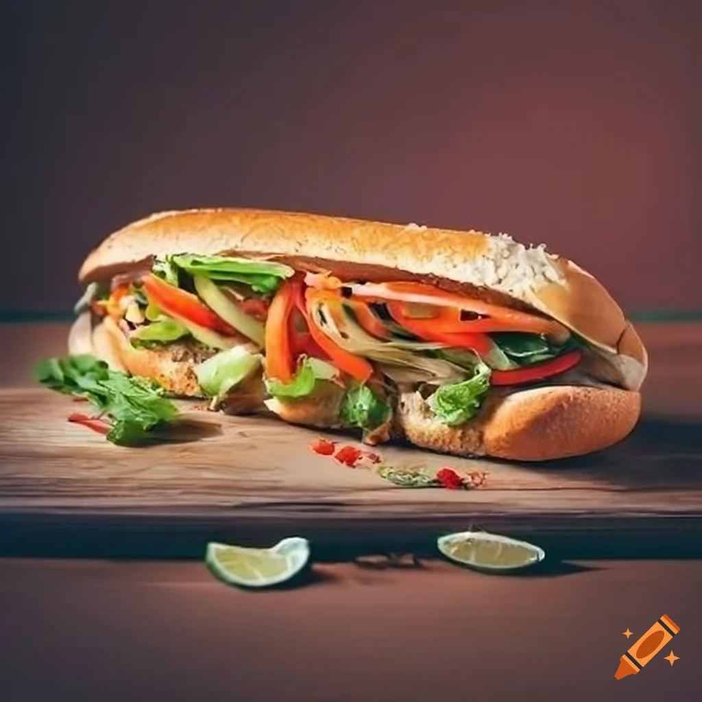 Hanoi Chicken Banh Mi sandwich with pickled veggies and coconut curry sauce