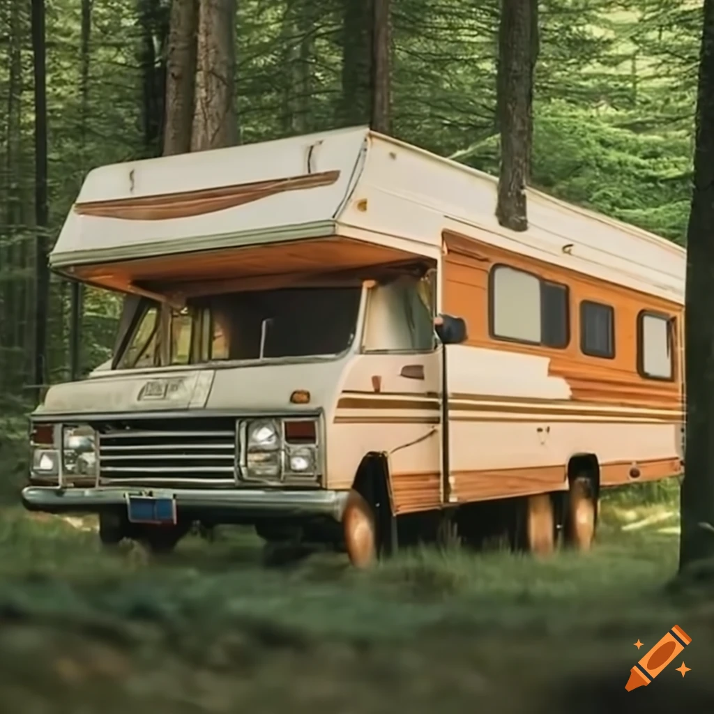 1969 Winnebago D-22 parked in a forest clearing at night