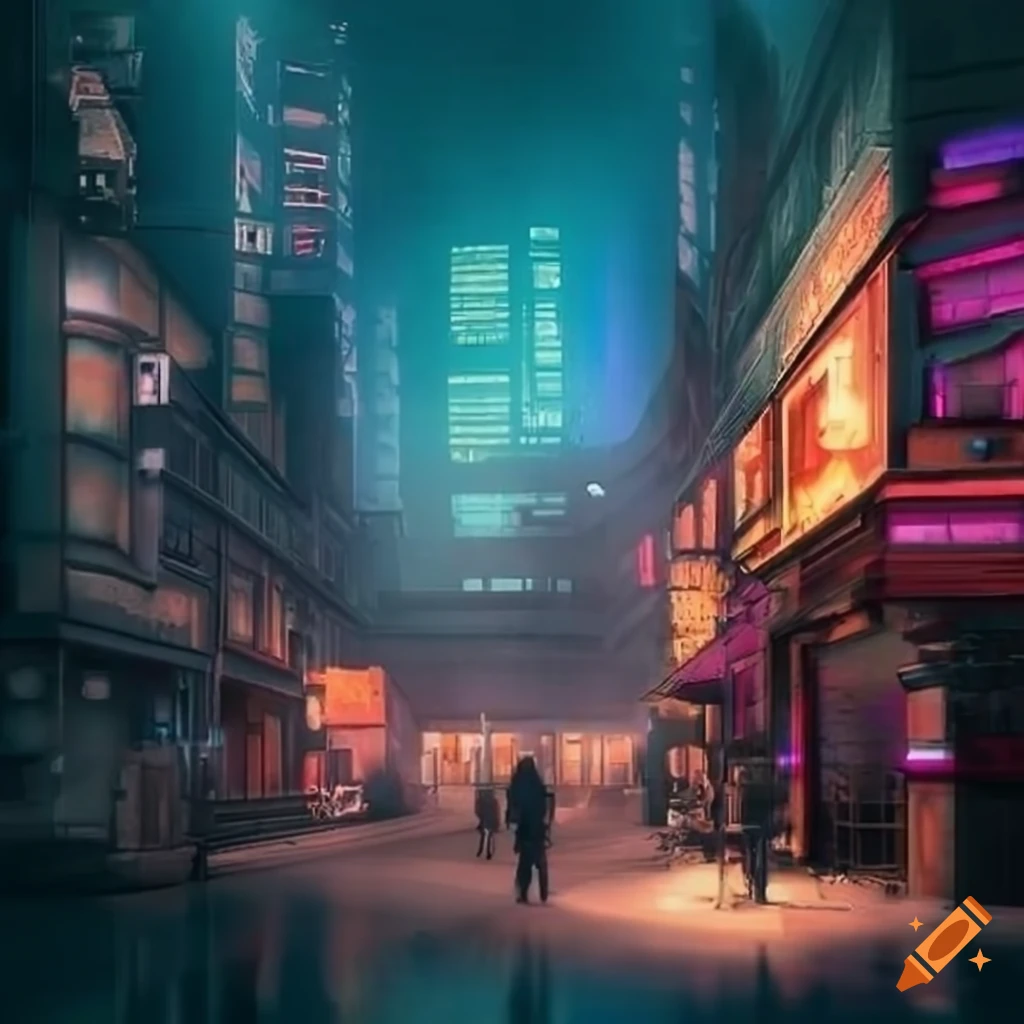 Cyberpunk marketplace under the sun with cement buildings and