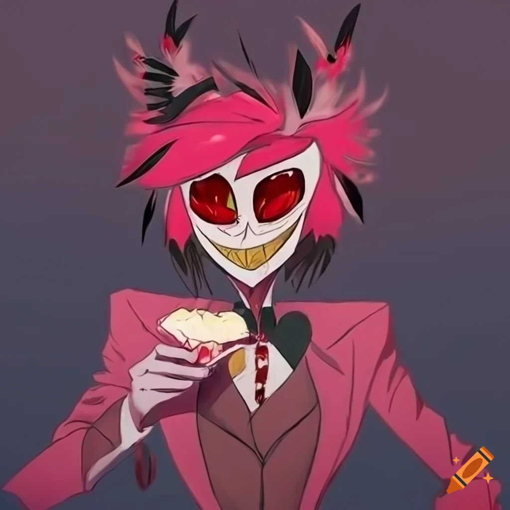 Alastor from hazbin hotel enjoying cake in a forest during golden hour ...