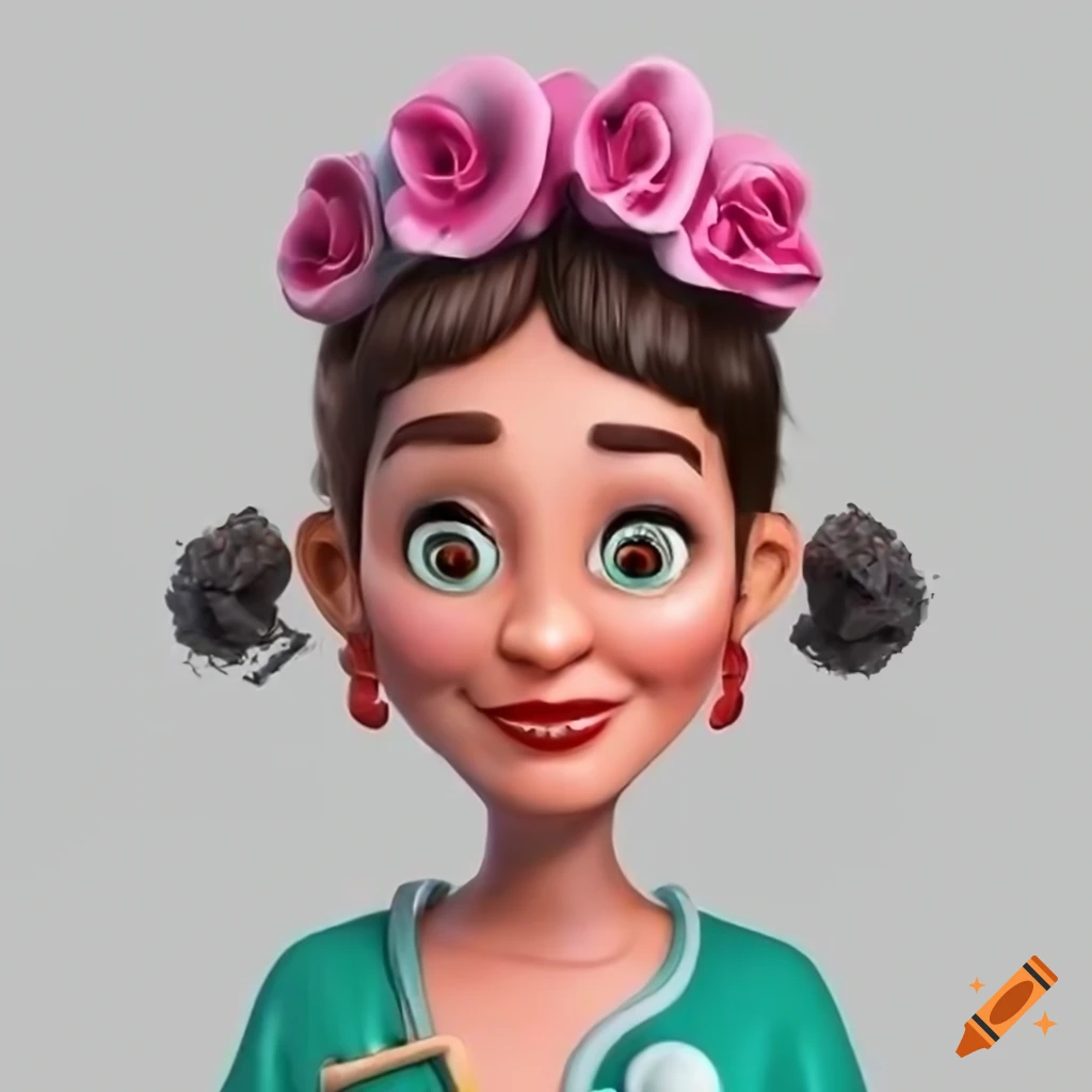 3D cartoon nurse inspired by Frida Kahlo on a white background