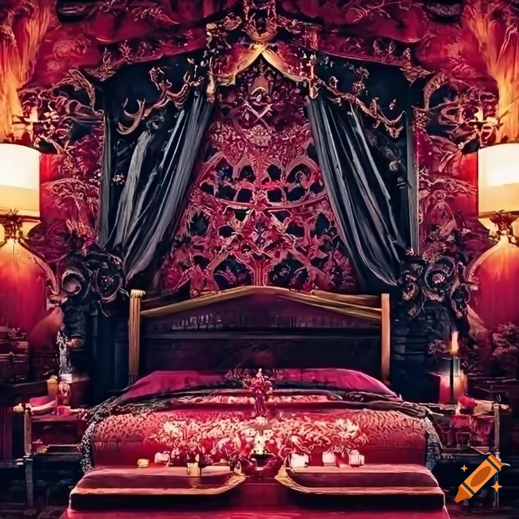Whimsical gothic bedroom with strawberry hues, velvet curtains, and ...