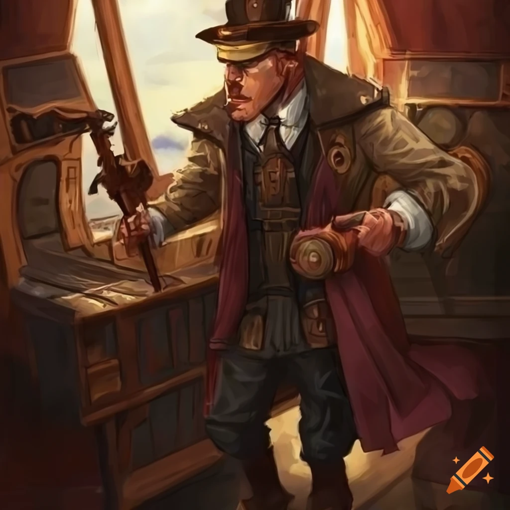 Train Inspecter Character Inspector inspecting a steampunk train station in a fantasy art style ...