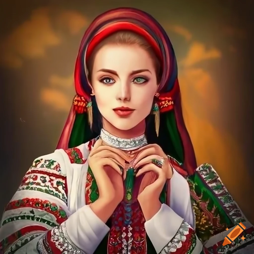 Elegant Bulgarian woman in traditional attire posing with a lion in nature