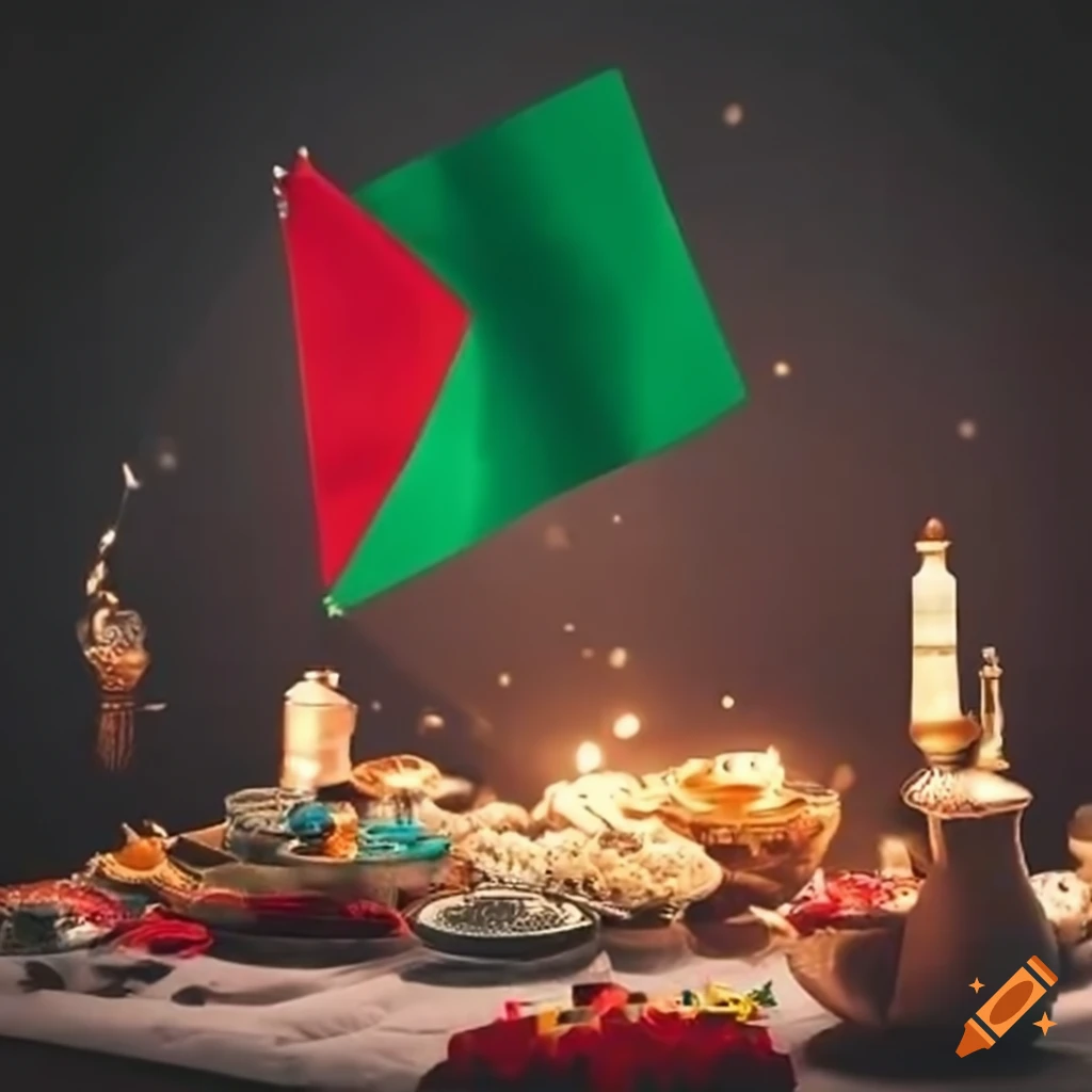 Hand holding Palestine flag during Ramadan with festive decorations