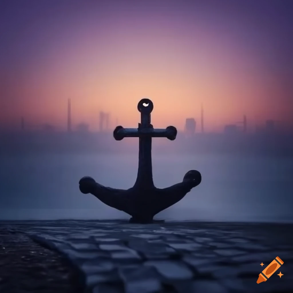 Anchor at harbor during sunset and fog