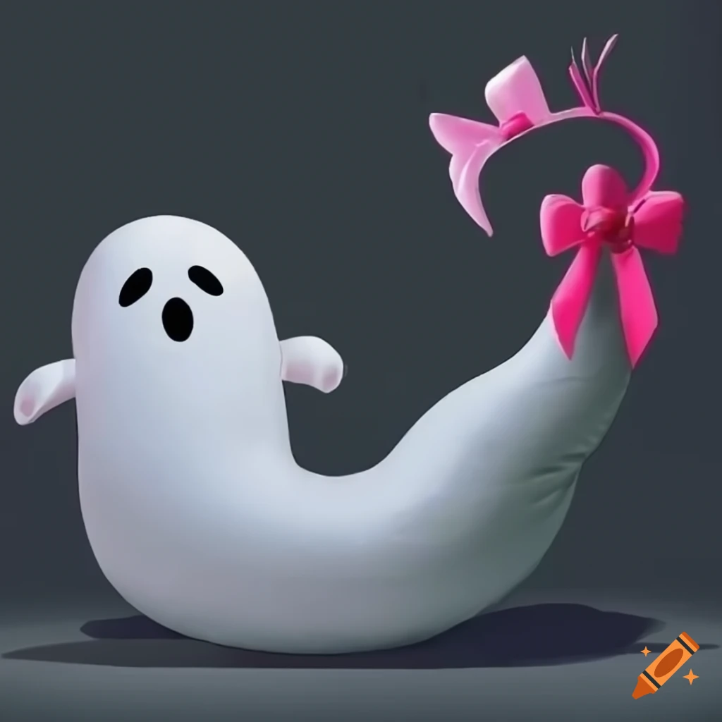 Cartoony inflatable white ghost with a pink bow in a dark room, anime art style