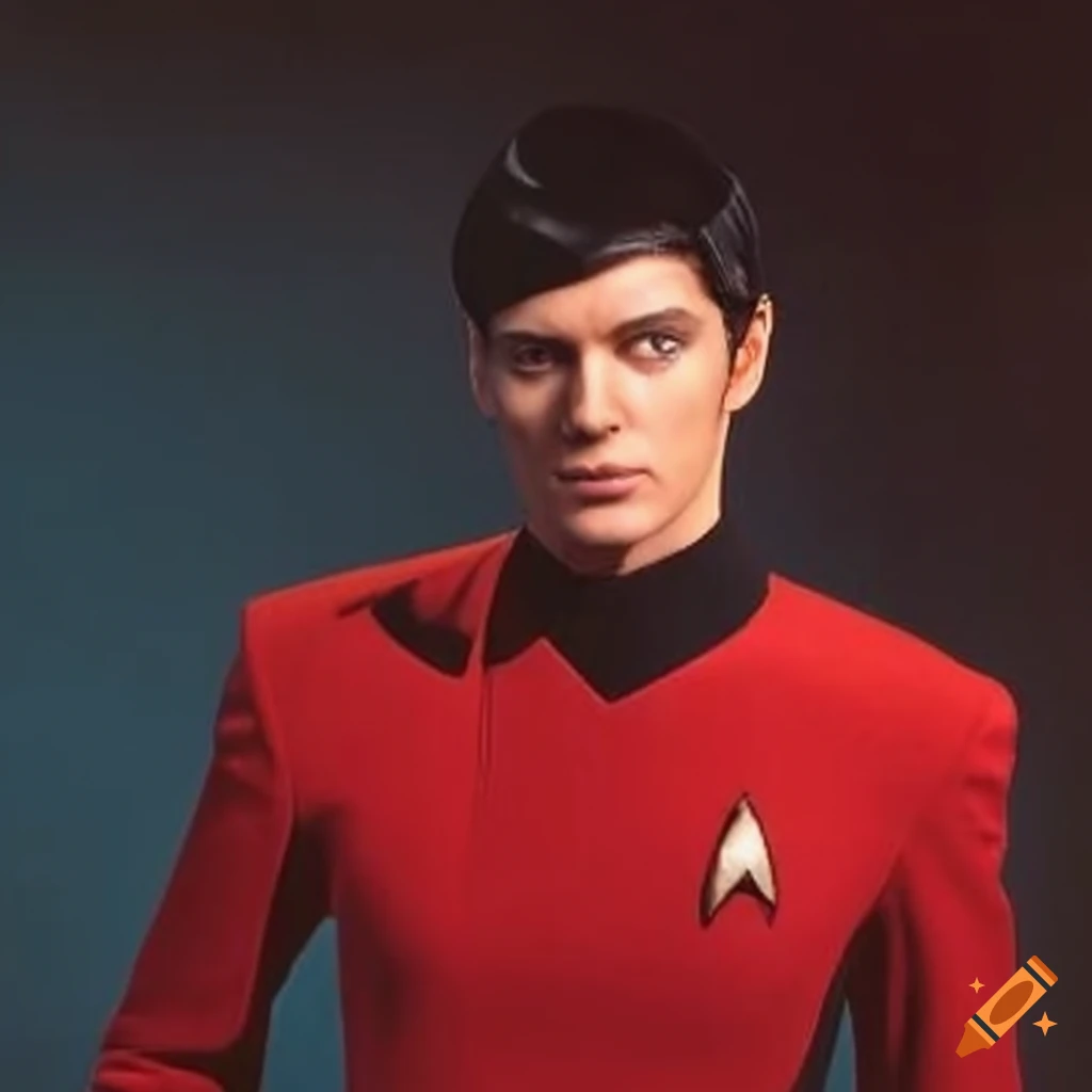 Character with vulcan traits in red starfleet uniform, lieutenant rank